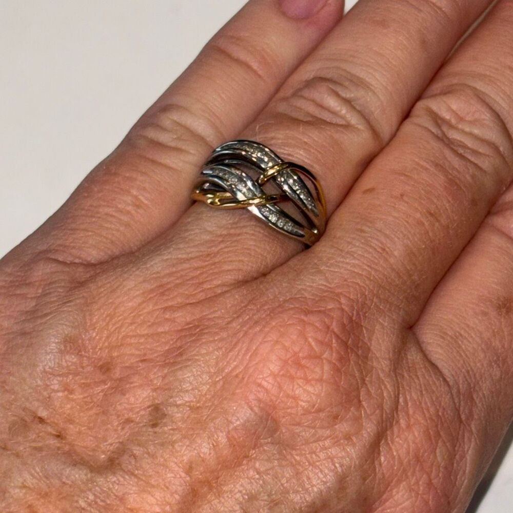 2 tone 14k yellow gold & 925 silver infinity twist knot ring w/diamonds Sz 7 - Picture 9 of 10